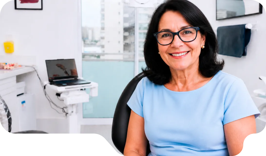Dentista da Vital Odonto sorrindo no consultório, ao lado do notebook com o exame de imagem