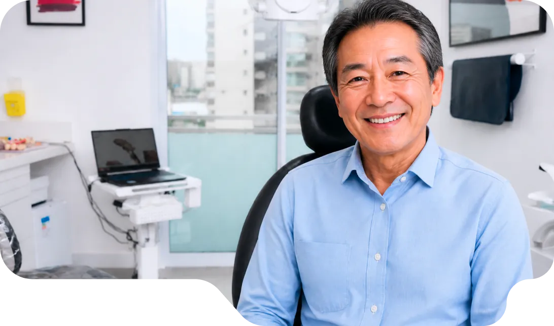 Paciente sorrindo no consultório da Vital Odonto Implantes, ao lado da cadeira