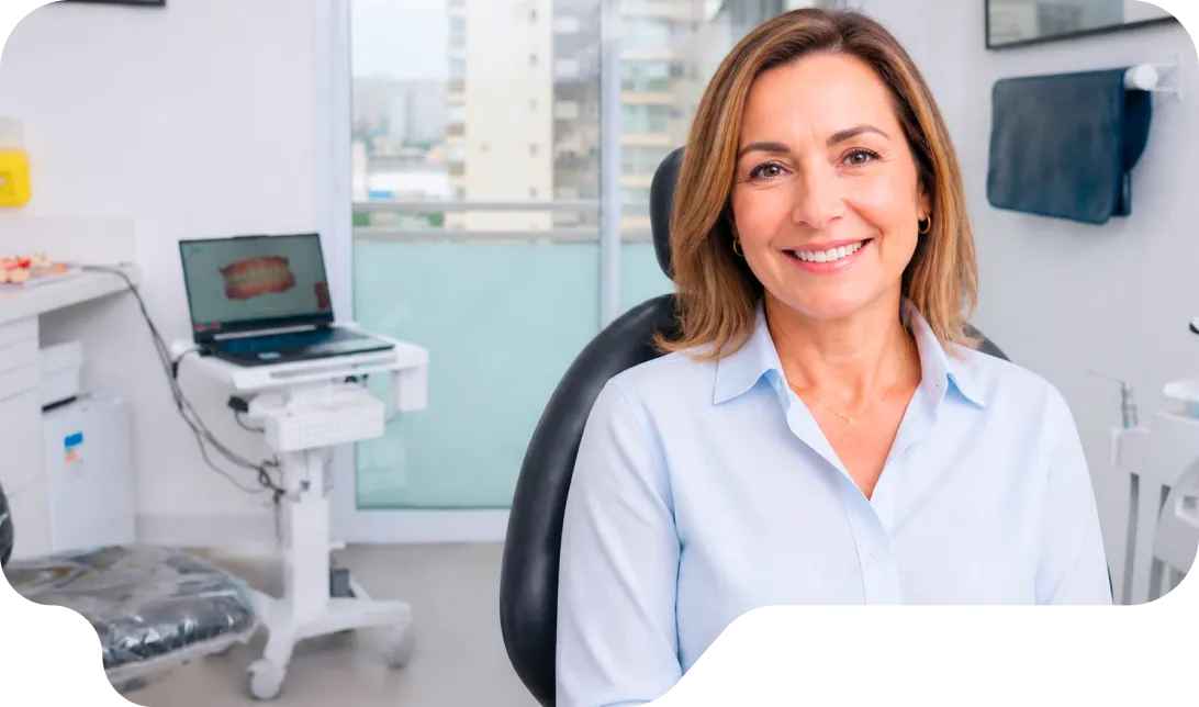 Dentista da Vital Odonto sorrindo no consultório, ao lado do equipamento de imagem