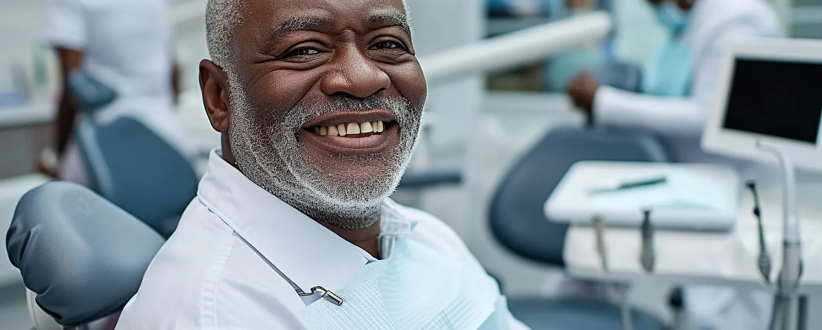 Paciente sorrindo na cadeira odontológica da Vital Odonto Implantes